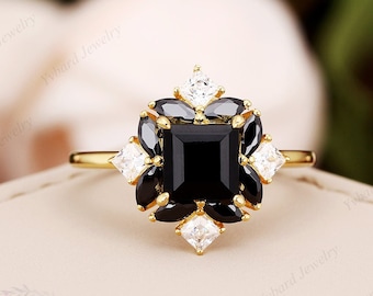 Princess Cut Black Onyx Engagement Ring Solid Yellow Gold Engagement Ring Black Sapphire Moissanite Bridal Promise Ring Anniversary Gift