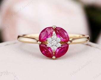 Natural Ruby Engagement Ring Marquise Cut Vintage Solid Yellow Gold HaloRing Diamond Bridal Ring Flower Ring Promise Ring Anniversary Gift