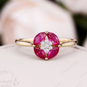 Anillo de compromiso de rubí natural Marquesa Corte Vintage Oro amarillo sólido HaloRing Anillo de novia de diamante Anillo de flor Anillo de promesa Regalo de aniversario