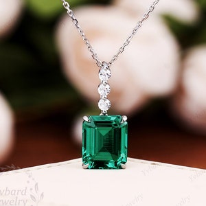 Emerald Cut Emerald Pendant Necklace Solid 14K White Gold Engagement Pendant May Birthstone Gift Delicate Wedding Necklace Dainty Necklace