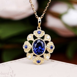 Oval Cut Blue Sapphire Pendant Necklace Vintage Art Deco Solid Yellow Gold Pendant Vine Filigree Women Pendant September Birthstone Gift Her