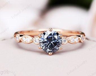 Vintage Blue-Grey Moissanite Engagement Ring 10K/14K/18K Solid Rose Gold Wedding Ring Unique Milgrain Ring For Women Bridal Anniversary Gift
