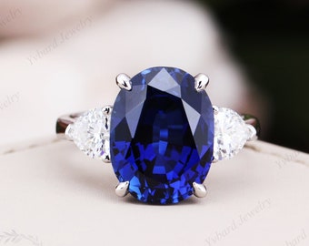 Blue Sapphire Ring, Solid White Gold Sapphire Engagement Ring, Three Stone Moissanite Ring, Gemstone Ring, September Birthstone,Gift for Her