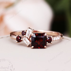 Natural Red Garnet Ring Solid 18K/14K /10K Gold Engagement Ring Asscher Cut Garnet Ring January Birthstone Ring Cluster Ring Art Deco Ring