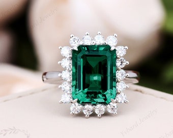 Vintage Emerald Ring,Solid 14K White Gold Brilliant 3.85CT Lab Created Green Emerald Engagement Ring,Halo Moissanite Ring,Gift For Women