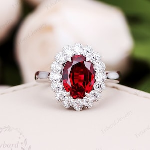 Oval Cut Lab Created Red Ruby Engagement Ring Unique White Gold Moissanite Halo Ring Bridal Ring Art Deco Anniversary Promise Gift For Women