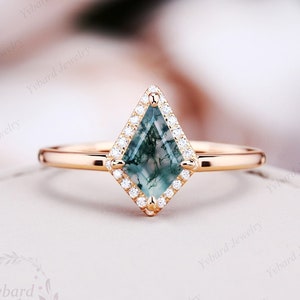 Natural Moss Agate Engagement Ring Kite Cut Vintage Solid 14K Rose Gold Ring Halo Ring Moissanite Bridal Ring Silver Anniversary Ring Gift