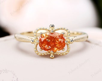 Natural Sunstone Engagement Ring Unique Solid 10K/14K/18K Gold Bridal Ring Oval Orange Sunstone Art deco Ring Vintage Promise Ring For Her