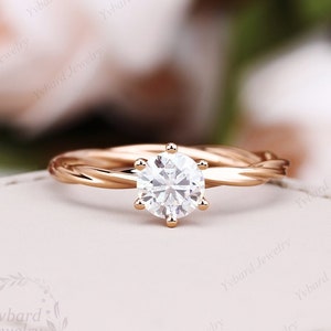 Round Cut Moissanite Engagement Ring 14K Rose Gold Ring Solitaire Moissanite Ring Bridal Promise Rings For Women Twisted Infinity Band Ring