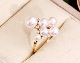 Unique Natural Akoya Pearl Engagement Ring Solid Yellow Gold Diamond Cluster Ring Minimalist Wedding Band Anniversary Promise Rings Gift