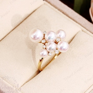 Unique Natural Akoya Pearl Engagement Ring Solid Yellow Gold Diamond Cluster Ring Minimalist Wedding Band Anniversary Promise Rings Gift