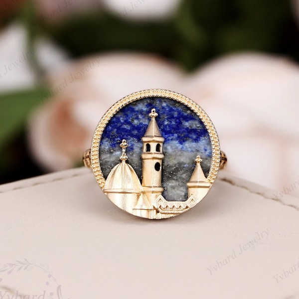 Vintage Natürliche Lapis Lazuli Ring Massiv 10K/14K/18K Gelb Gold Verlobungsring Handgemacht Art Deco Schloss Ring Edelstein Ring für Frauen Geschenk