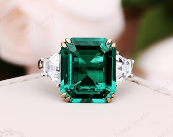 Brilliant 5.8CT Lab Created Emerald Engagement Ring,Minimalist Style Anniversary Ring,Promise Ring For Female,Two Tone Gold Three Stone Ring