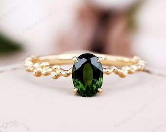 Natural Tourmaline Ring, Oval Cut Green Tourmaline Ring, Solitaire Ring, 14K/18K Gold Ring, Unique Art Deco Ring, Promise Ring Gemstone Ring