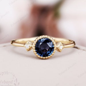 Natural Blue Sapphire Engagement Ring Round Cut 14K/18K Yellow Gold Real Diamond Ring Antique Art Deco Ring Women Promise Anniversary Gift