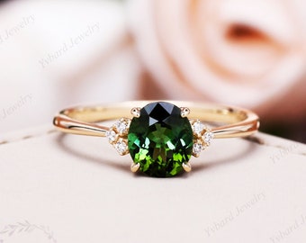 Oval Cut Natural Green Tourmaline Engagement Ring Unique Cluster 14K Yellow Gold Ring For Women Diamond Wedding Bridal Anniversary Ring