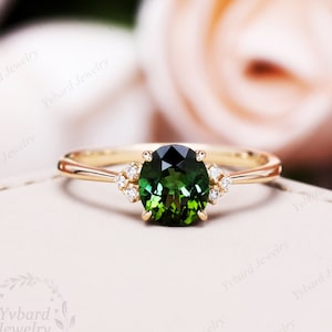 Oval Cut Natural Green Tourmaline Engagement Ring Unique Cluster 14K Yellow Gold Ring For Women Diamond Wedding Bridal Anniversary Ring