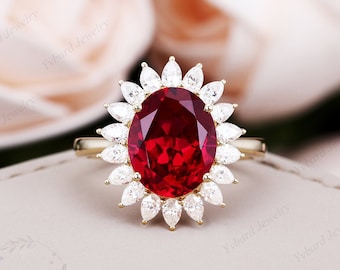 Ovale lab gemaakt rode robijn ring massief geelgouden verlovingsring halo bruids ring unieke trouwring vintage belofte ring jubileum geschenken