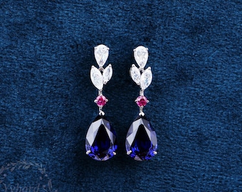 Pear Cut Blue Sapphire Drop Earrings Teardrop Earrings Solid White Gold Wedding Earrings Bridal Birthday Earrings Anniversary Gift for Women