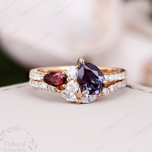 Vintage Alexandrite Engagement Ring Set Rose Gold Women Moissanite Garnet Gem Matching Band Promise Bridal Stacking Ring Set Gift for her