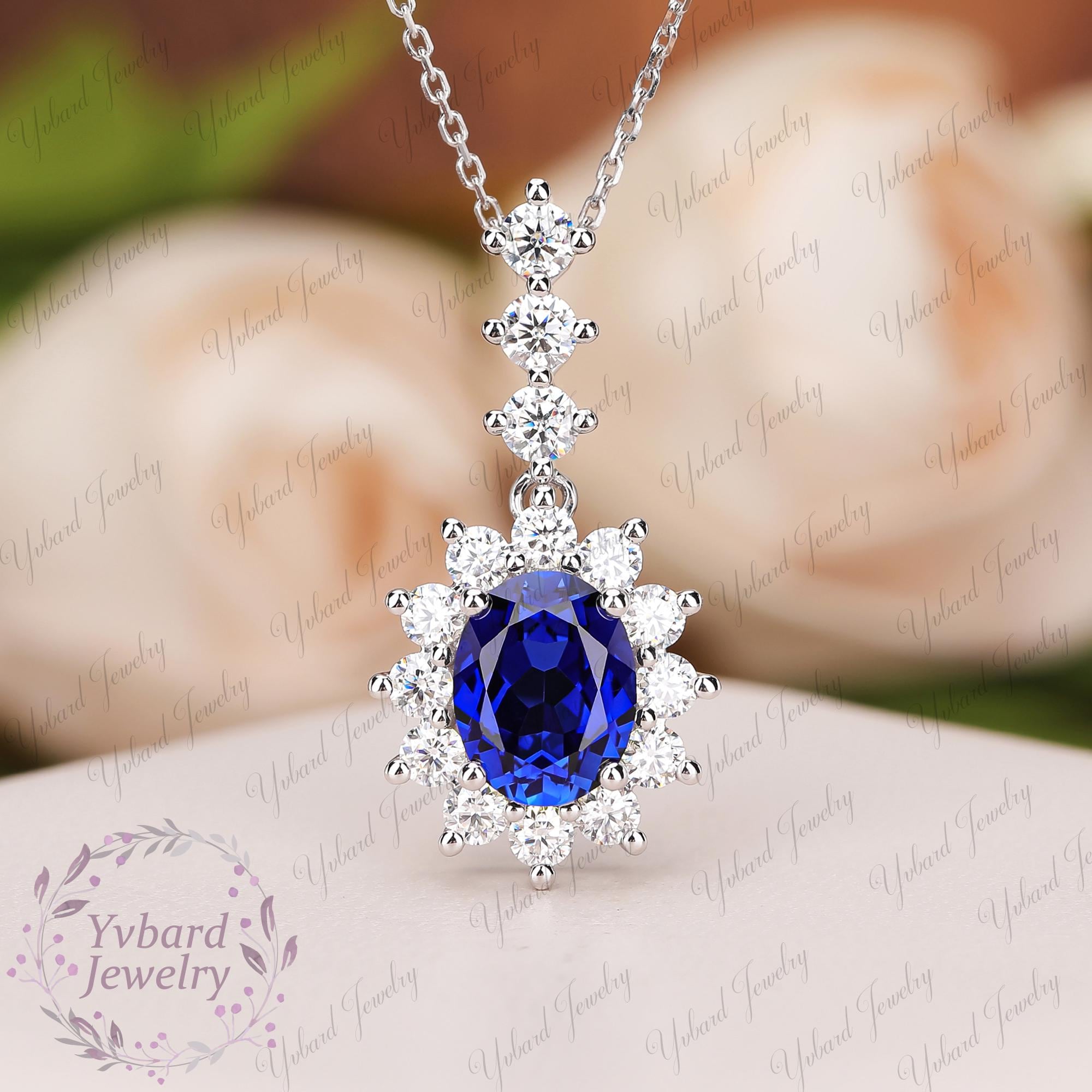 Oval Blue Sapphire Necklace Solid White Gold Pendant Necklace