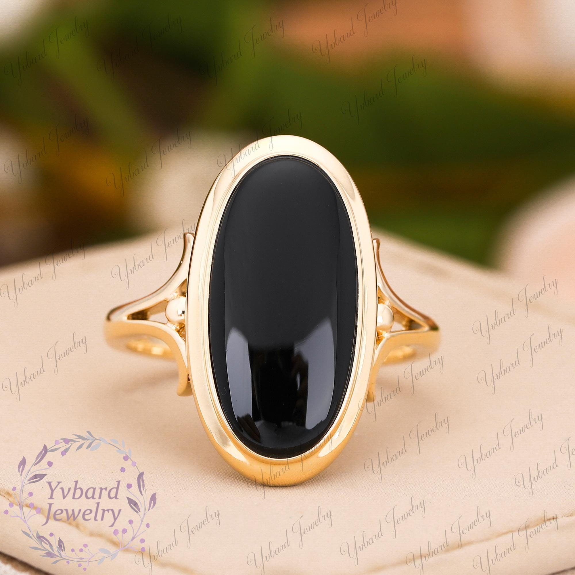 Natural Black Onyx Ring Yellow Gold Statement Ring Vintage