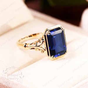 Vintage 8*11mm Emerald Cut Lab Created Blue Sapphire Ring for Women Solid Yellow Gold Engagement Ring Art Deco Bridal Ring Anniversary Gift image 9