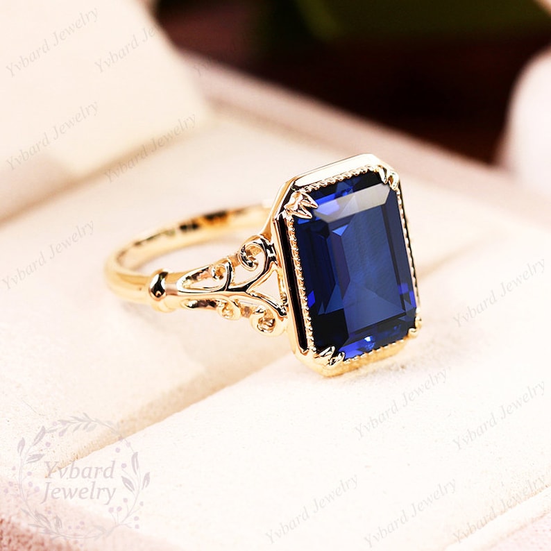 Vintage 8*11mm Emerald Cut Lab Created Blue Sapphire Ring for Women Solid Yellow Gold Engagement Ring Art Deco Bridal Ring Anniversary Gift image 9