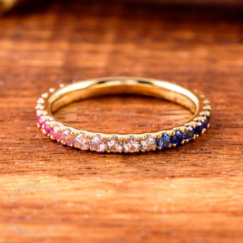 Dainty Rainbow Band Ring, Full Eternity Band, 14K Gold Stacking Ring, Natural Color Sapphire Stackable Ring,Multicolor Ring,Multi-Stone Ring