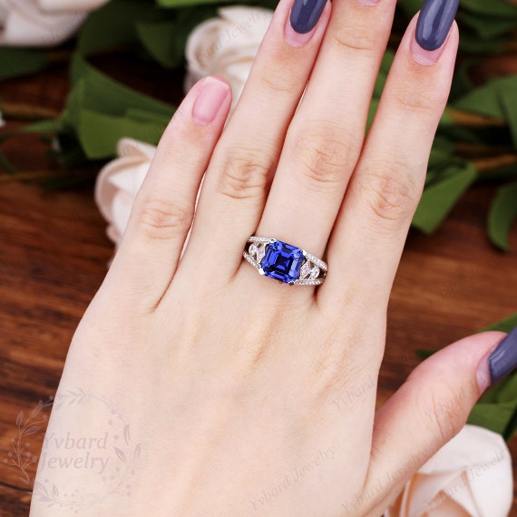 Vintage 3.85CT Asscher Cut Royal Blue Sapphire Engagement Ring Solid White Gold Bridal Ring Promise Anniversary Wedding Ring for Woman Gift Etsy UK