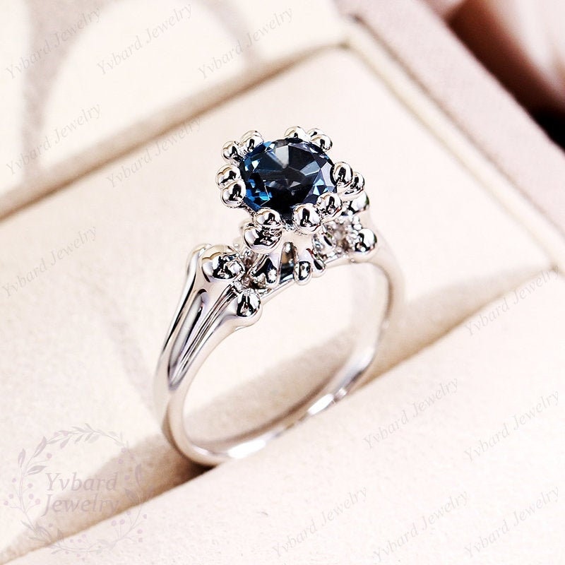 1.2ct Natural London Blue Topaz Ring, 925 Sterling Silver Ring Topaz Engagement Ring Statement Bone Ring Birthstone Anniversary Gift For Her