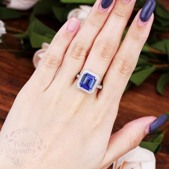 Brilliant 9*10mm Emerald Cut Lab Created Blue Sapphire Engagement Ring  White Gold Halo Design Ring For Women Anniversary Ring Christmas Gift