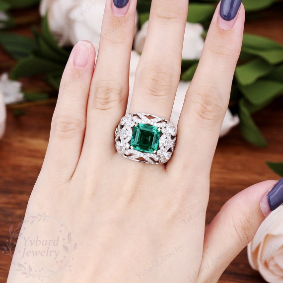 Art Deco 4.65CT Lab Created Emerald Ring, Luxury Cluster Wedding