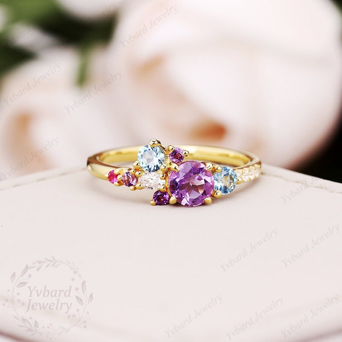 Colored Multi Gemstone Cluster Ring Natural Amethyst Ring image 1