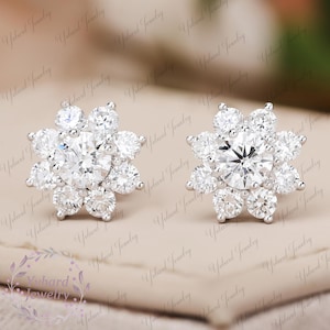 Round Cut Moissanite Stud Earrings 14k White Gold Art Deco Moissanite Halo Snowflake Earrings Unique Promise Anniversary Gifts for Women