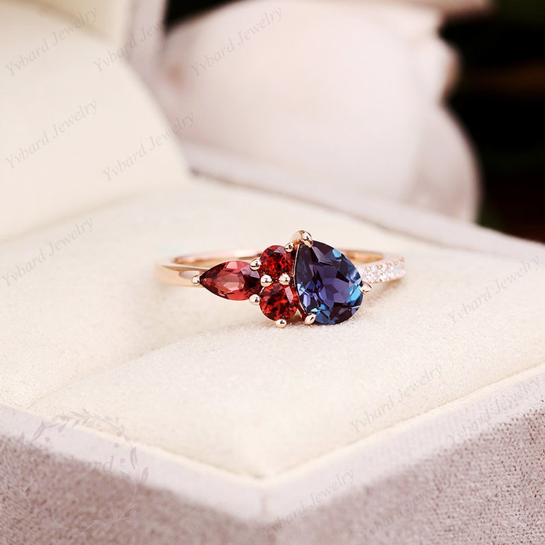 Multi Golor Gemstone Engagement Ring,Pear 5x7mm Alexandrite Ring,Garnet Promise Bridal Ring,Birthday Gift For Women,Solid Gold Cluster Ring image 8