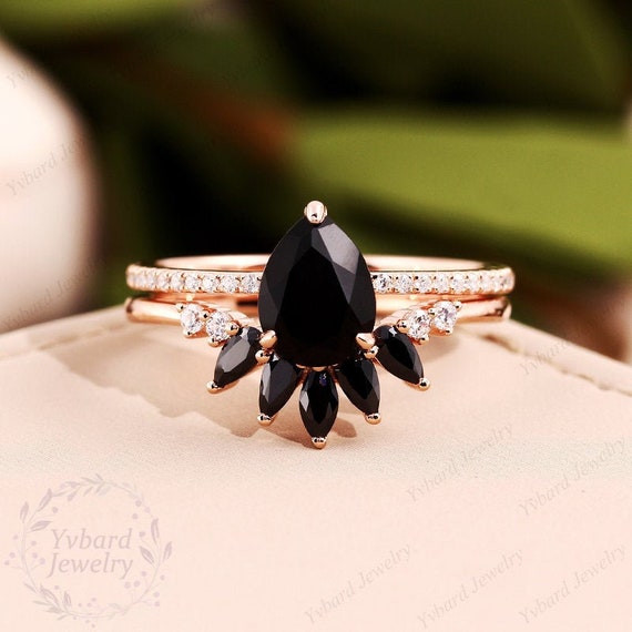 Pear Shaped Black Onyx Engagement Ring Natural Inspired Blossom