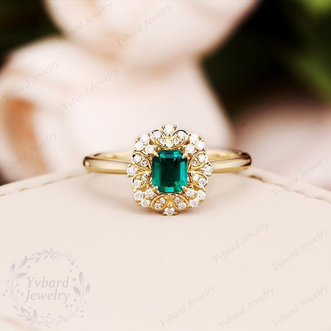 Art Deco Emerald Ring Solid 14K Yellow Gold Cluster Ring Lab - Etsy