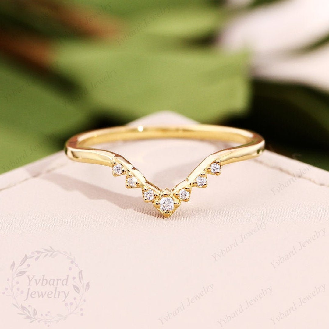 Natural Diamond Curved Wedding Band, Unique 14K Yellow Gold Band for ...