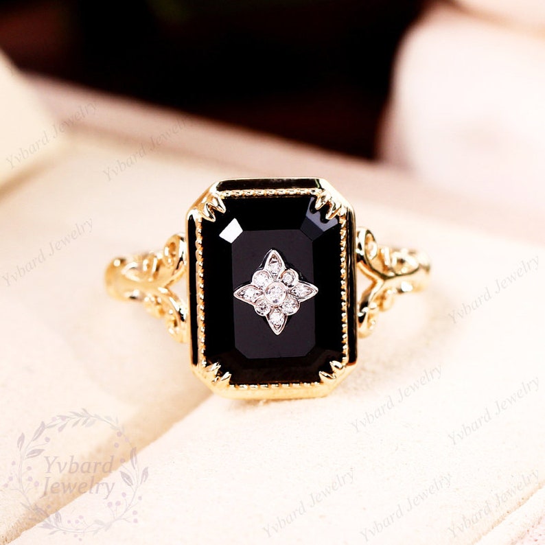 Emerald Cut Natural Black Onyx Ring Vintage Diamond Solid 18K/14K/10K Gold Art Deco Flower Ring Handmade Ring Bridal Anniversary Gift Ring image 7