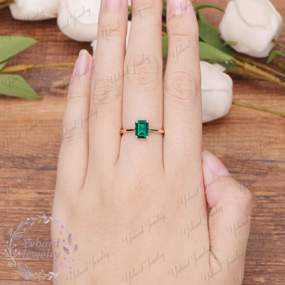 10k Yellow Gold May Birthstone Ring - 1 Ct Emerald Cut CZ Statement Ring, Size 8 - View #7