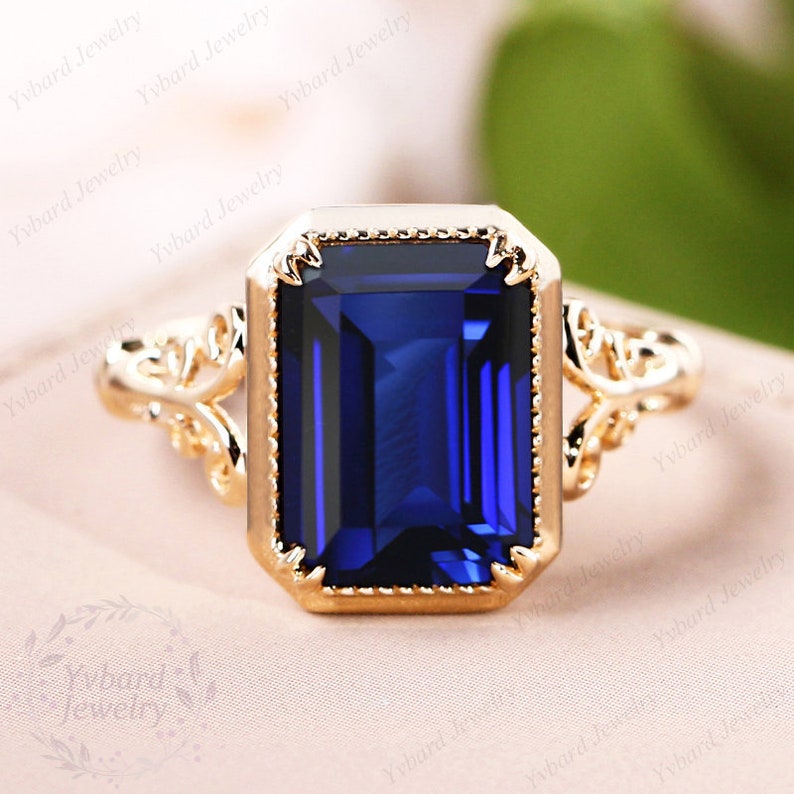 Vintage 8*11mm Emerald Cut Lab Created Blue Sapphire Ring for Women Solid Yellow Gold Engagement Ring Art Deco Bridal Ring Anniversary Gift image 1