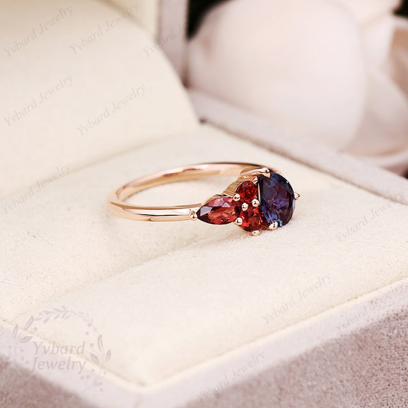 Multi Golor Gemstone Engagement Ring,Pear 5x7mm Alexandrite Ring,Garnet Promise Bridal Ring,Birthday Gift For Women,Solid Gold Cluster Ring image 7