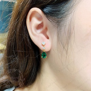Solid 14K/18K Gold Drop Earrings, Teardrop Green Emerald Earrings Moissanite Earrings Minimalist Earrings, Bridal Jewellery Anniversary Gift image 10