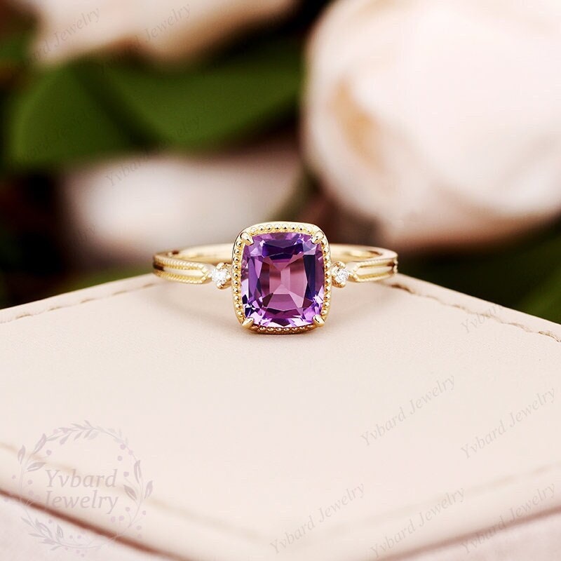 Amethyst Engagement Ring Natural Diamond Ring Vintage 14K Yellow Gold Wedding Ring Art deco Dainty Unique Milgrain Anniversary Promise Ring