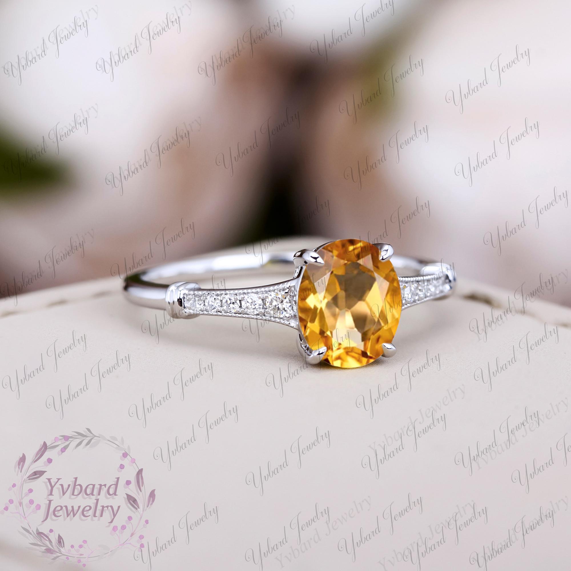 オーバルカット天然シトリン婚約指輪 純金結婚指輪 イエロー 