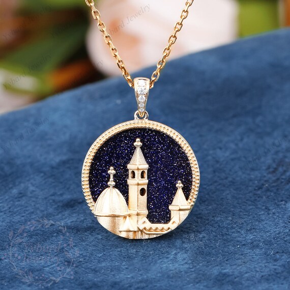 Blue Sandstone Pendant Necklace Solid 10K 14K 18K Yellow Gold Art
