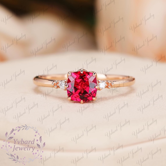 Lab Created Ruby Gold Ring Solid Rose Gold Engagement Ring Red Gemstone  Ring Dainty Gold Ring Anniversary Promise Ring Birthday Gift For Her