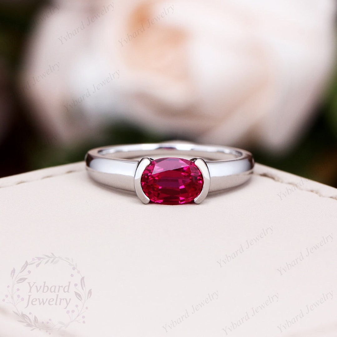 Lab Created Ruby Engagement Ring Oval Red Ruby Ring Solid Etsy