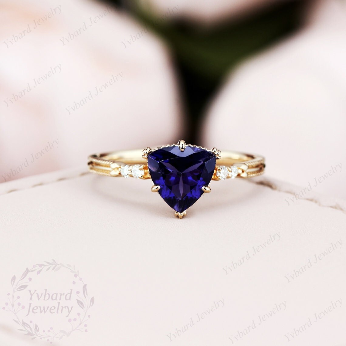 Triangle Blue Sapphire Engagement Ring Solid Yellow Gold Wedding Ring Art Deco Milgrain Moissanite Rings For Women Anniversary Promise Ring